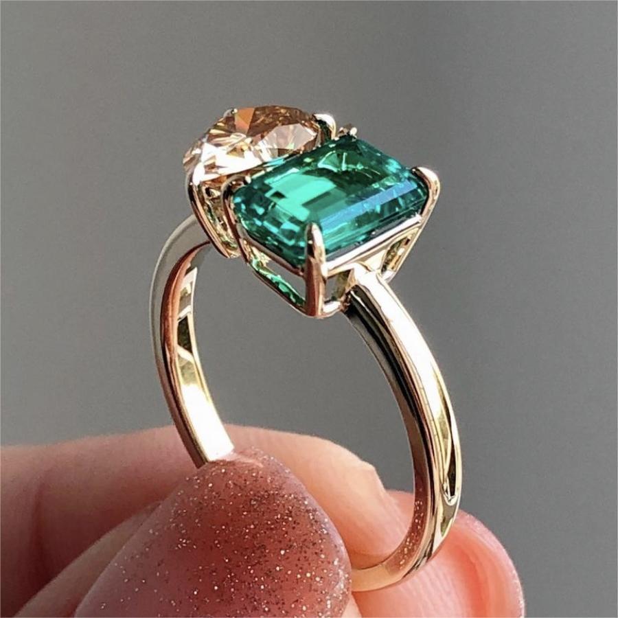 Fashion Creative Double Main Stone Lady Green Yellow Zircon Square Stone Ring Luxury Crystal Engagement Ring Wedding Rings