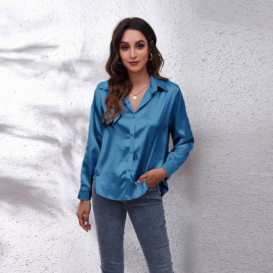 Satin Women's Satin Faux Silk Long-sleeved Shirt